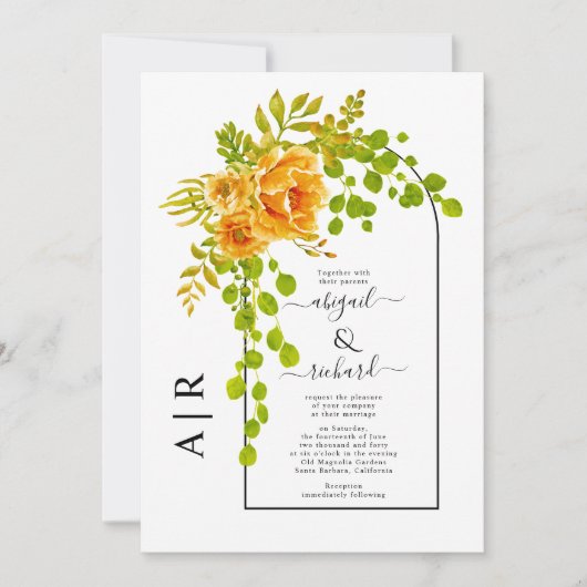 Invitation Fleurs orange, arche et monogramme mariage d'autom (Devant)