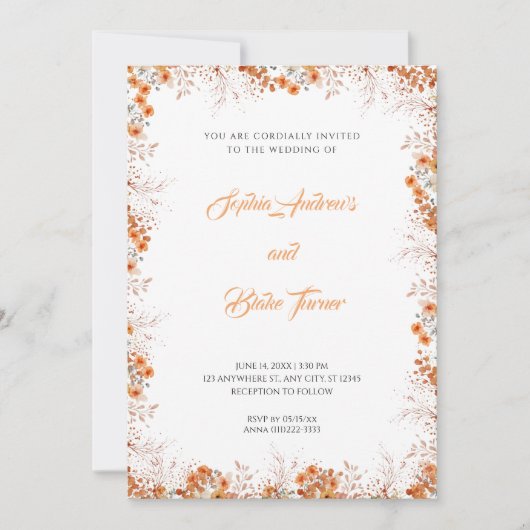 Invitation Fleurs orange délicates Joli Mariage blanc (Devant)