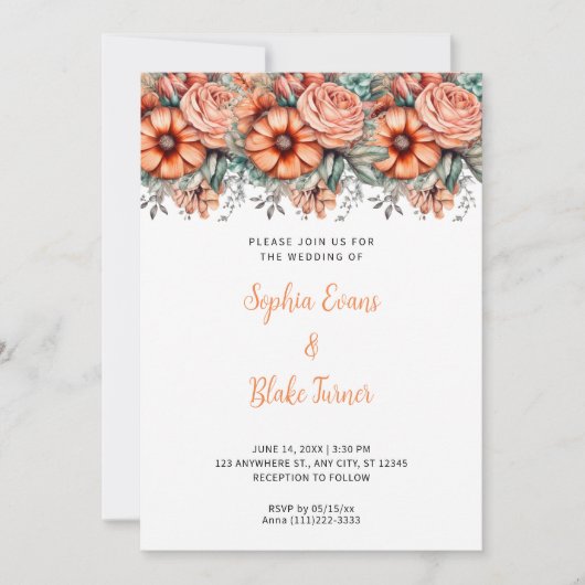 Invitation Fleurs orange et Mariage blanc vert (Devant)