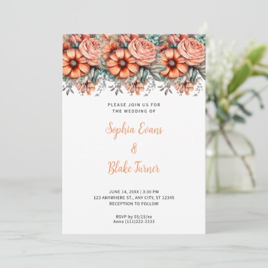 Invitation Fleurs orange et Mariage blanc vert (Debout devant)