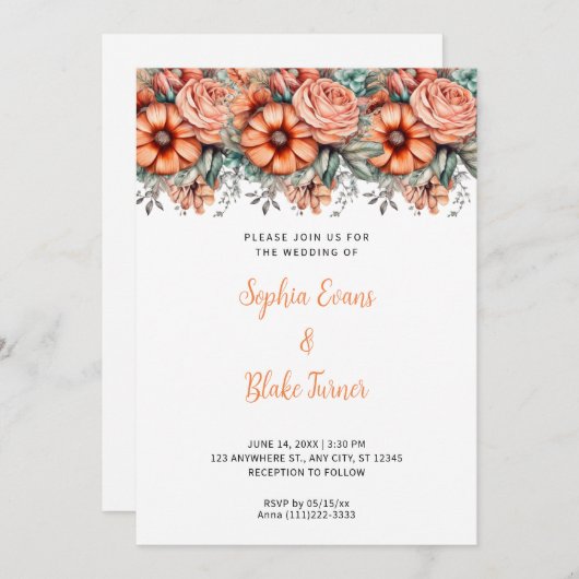 Invitation Fleurs orange et Mariage blanc vert (Devant / Derrière)