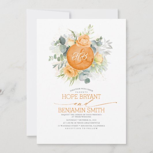 Invitation Fleurs orange et Mariage de verdure à l'eucalyptus (Devant)