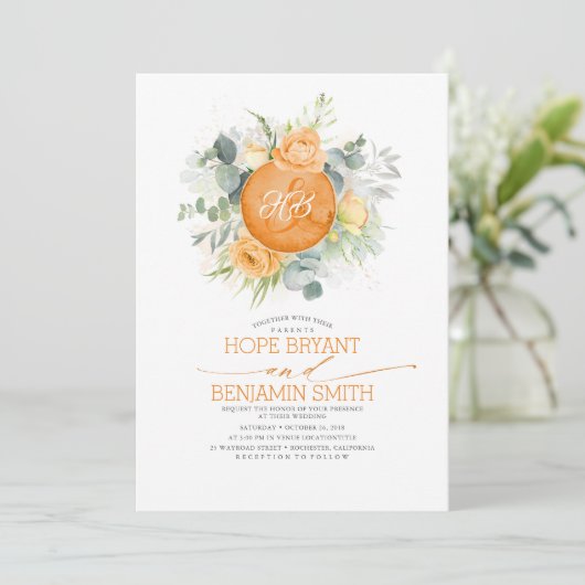 Invitation Fleurs orange et Mariage de verdure à l'eucalyptus (Debout devant)