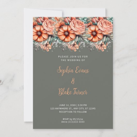 Invitation Fleurs orange et Mariage vert verdoyant (Devant)