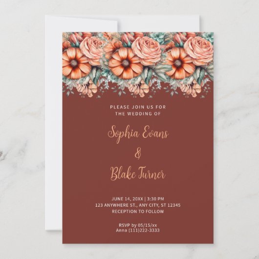 Invitation Fleurs orange et verdure Mariage Brown (Devant)