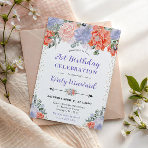 Invitation Fleurs orange et violettes à l'aquarelle 21e anniv