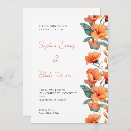 Invitation Fleurs orange modernes Mariage blanc (Devant / Derrière)