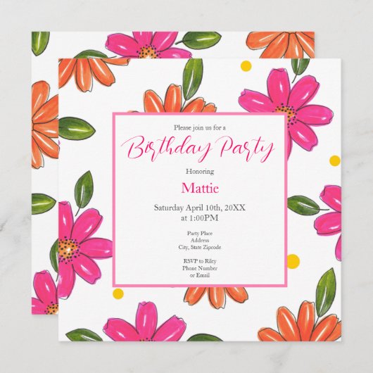 Invitation Fleurs Orange, Roses Tirées À La Main (Devant / Derrière)