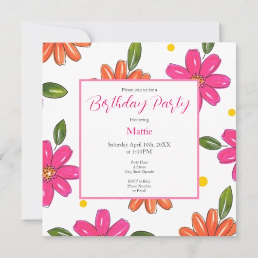 Invitation Fleurs Orange, Roses Tirées À La Main (Devant)