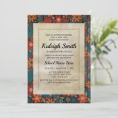 Invitation Fleurs Orange Rouge Bleu sur Tronc en Bois Rustiqu (Debout devant)