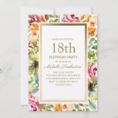 Invitation Fleurs orange rouge feuilles vertes or 18e anniver (Devant)