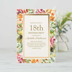 Invitation Fleurs orange rouge feuilles vertes or 18e anniver