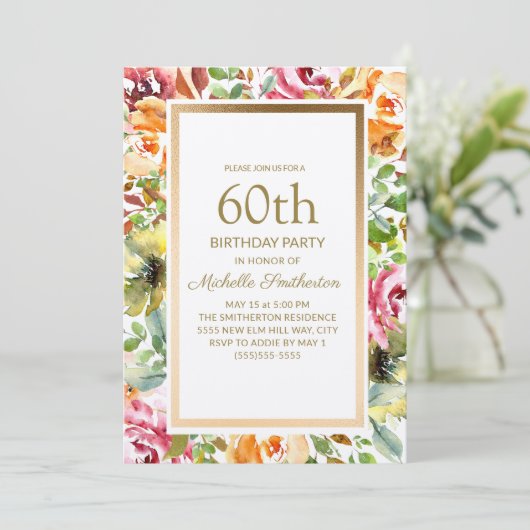 Invitation Fleurs orange rouge Feuilles vertes or 60e anniver (Debout devant)