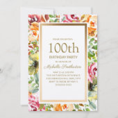 Invitation Fleurs orange rouge Vert Feuilles Or 100e annivers (Devant)