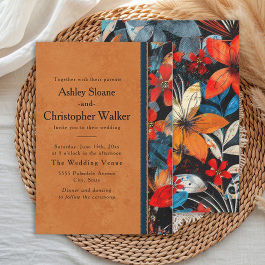 Invitation Fleurs orange sarcelle rouge vibrantes en gras