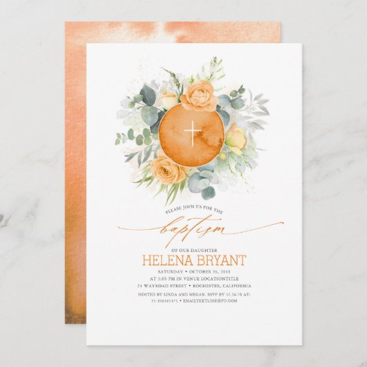 Invitation Fleurs orange Wreath Boho Fall Baptism (Devant / Derrière)