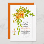 Invitation Fleurs orangées et baptême à arc fleuri (Devant / Derrière)