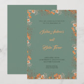 Invitation Fleurs oranges délicates Mariage vert joli (Devant / Derrière)