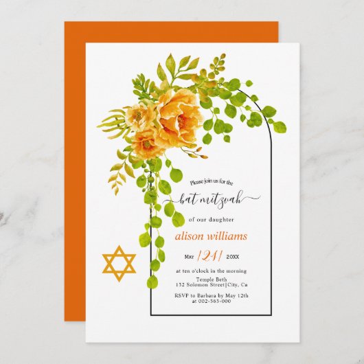 Invitation Fleurs oranges et Bat mitzvah à arc (Devant / Derrière)