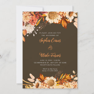 Invitation Fleurs oranges rustiques Bohème Bois Mariage Marro