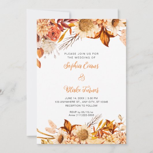 Invitation Fleurs oranges rustiques et blanches Mariage bohèm (Devant)