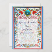INVITATION FLEURS ORIENTALES BLEU ROSE DAMASSÉ MONOGRAMME GEM (Devant)