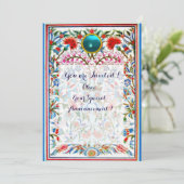 INVITATION FLEURS ORIENTALES BLEU ROSE DAMASSÉ MONOGRAMME GEM (Debout devant)