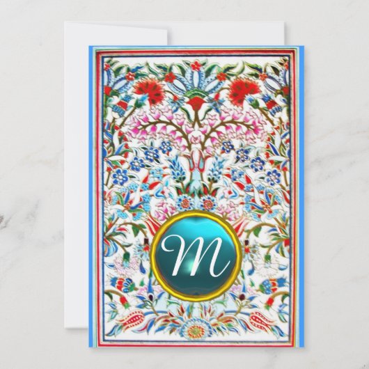 INVITATION FLEURS ORIENTALES BLEU ROSE DAMASSÉ MONOGRAMME GEM (Dos)