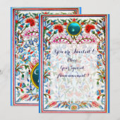INVITATION FLEURS ORIENTALES BLEU ROSE DAMASSÉ MONOGRAMME GEM (Devant / Derrière)