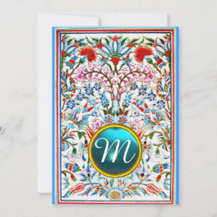 INVITATION FLEURS ORIENTALES BLEU ROSE DAMASSÉ MONOGRAMME GEM