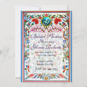 Invitation FLEURS ORIENTALES DAMASK MONOGRAM Blue Aquamarine
