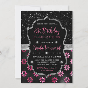 Invitation Fleurs Pailletées Rose et Noir Anniversaire 21 Ans