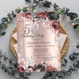 Invitation Fleurs Paillettes Gouttes Or Rose 50e Anniversair