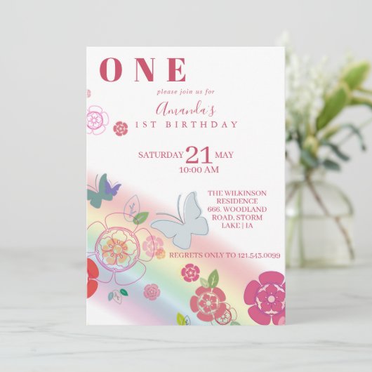 Invitation Fleurs papillon arc-en-ciel 1er anniversaire (Debout devant)