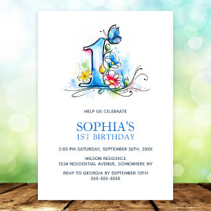 Invitation Fleurs Papillon Bleu Fête de 1er Anniversaire