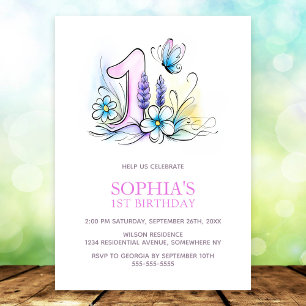 Invitation Fleurs Papillon Bleu Rose Fête d'anniversaire 1 an