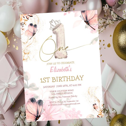 Invitation Fleurs Papillon Rayé Chic 1er Anniversaire