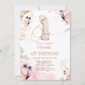 Invitation Fleurs Papillon Rayé Chic 1er Anniversaire (Devant)
