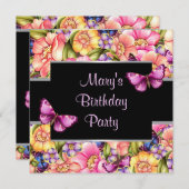 Invitation Fleurs Papillon Rose Anniversaire Femme (Devant / Derrière)