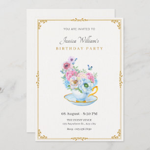 Invitation Fleurs papillon tasse de thé anniversaire