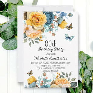 Invitation Fleurs papillons bleu poussiéreux 80e anniversaire