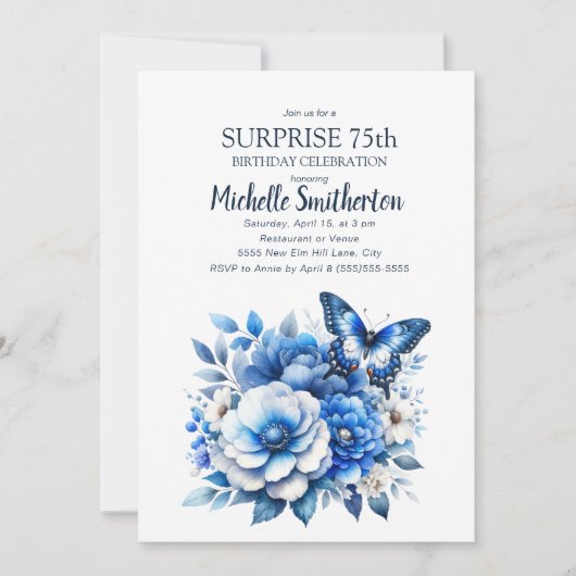 Invitation Fleurs papillons bleues Surprise 75e anniversaire (Devant)