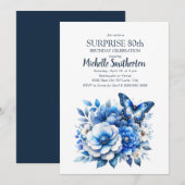 Invitation Fleurs papillons bleues Surprise 80e anniversaire (Devant / Derrière)