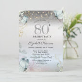Invitation Fleurs Papillons Bleus Argent 80e Anniversaire (Debout devant)