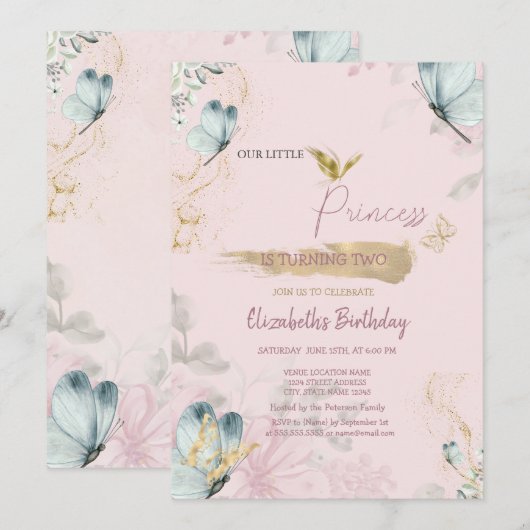 Invitation Fleurs Papillons Bleus Rose Anniversaire (Devant / Derrière)