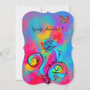 Invitation FLEURS & PAPILLONS FANTAISISTES Bleu rose jaune