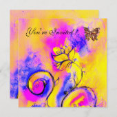 Invitation FLEURS & PAPILLONS fantaisistes rose bleu jaune (Devant / Derrière)