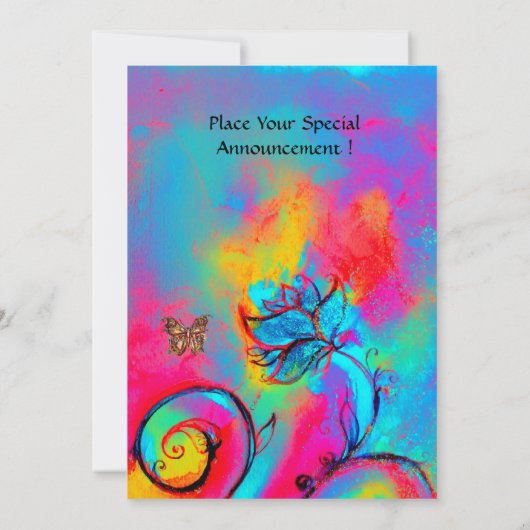 Invitation FLEURS & PAPILLONS fantaisistes rose bleu jaune (Dos)