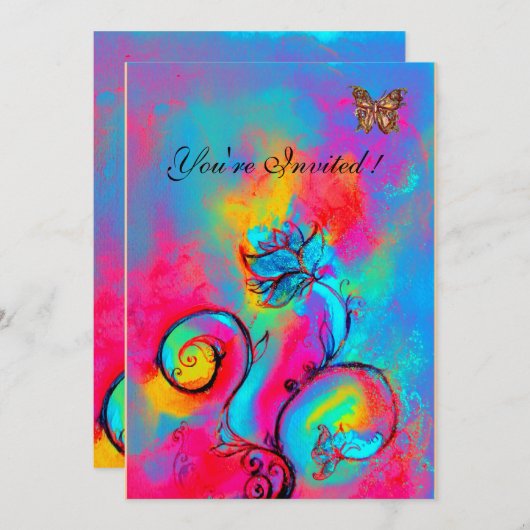 Invitation FLEURS & PAPILLONS fantaisistes rose bleu jaune (Devant / Derrière)