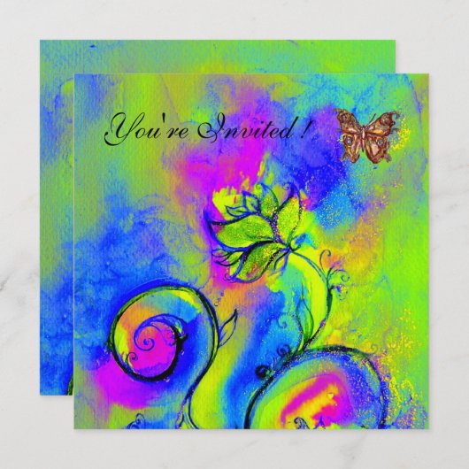 Invitation FLEURS & PAPILLONS fantaisistes violet bleu vert (Devant / Derrière)